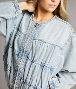 BKE Ruched Denim Bomber Jacket Light Wash Hot