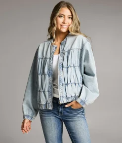Tops | BKE Ruched Denim Bomber Jacket Light Wash