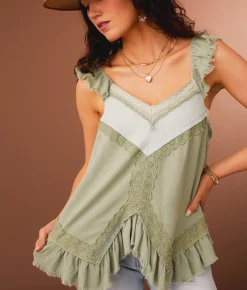 Tops | Gimmicks Ruffled Eyelet Trim Tank Top Sage Green