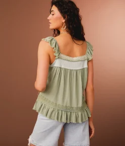 Tops | Gimmicks Ruffled Eyelet Trim Tank Top Sage Green