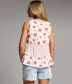 Tops | BKE Ruffled Floral Henley Tank Top Dry Rose White