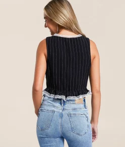 Honey & Sparkle Ruffle Front Tie Cropped Tank Top Black White New