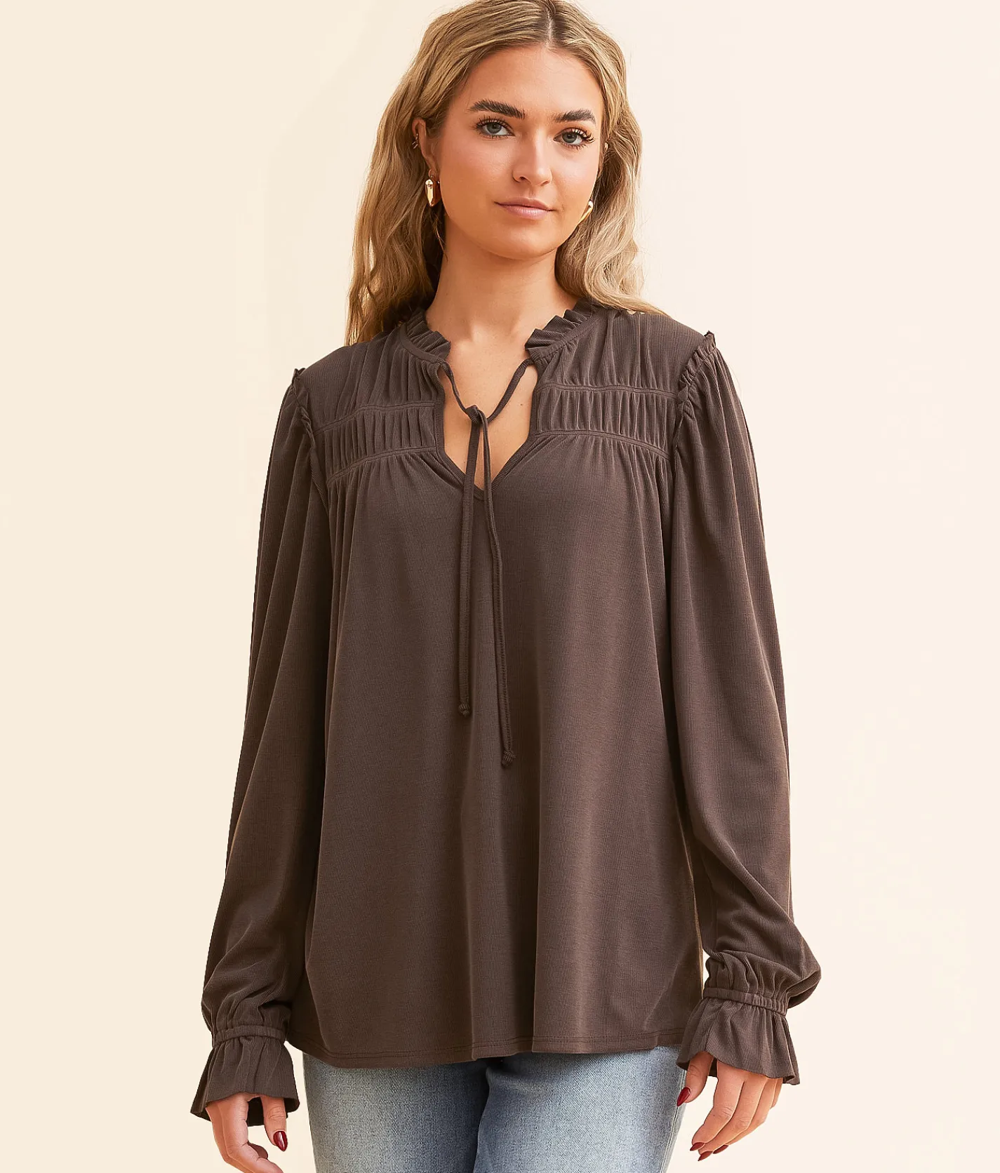 Daytrip Ruffle Front Tie Top Cappuccino Clearance
