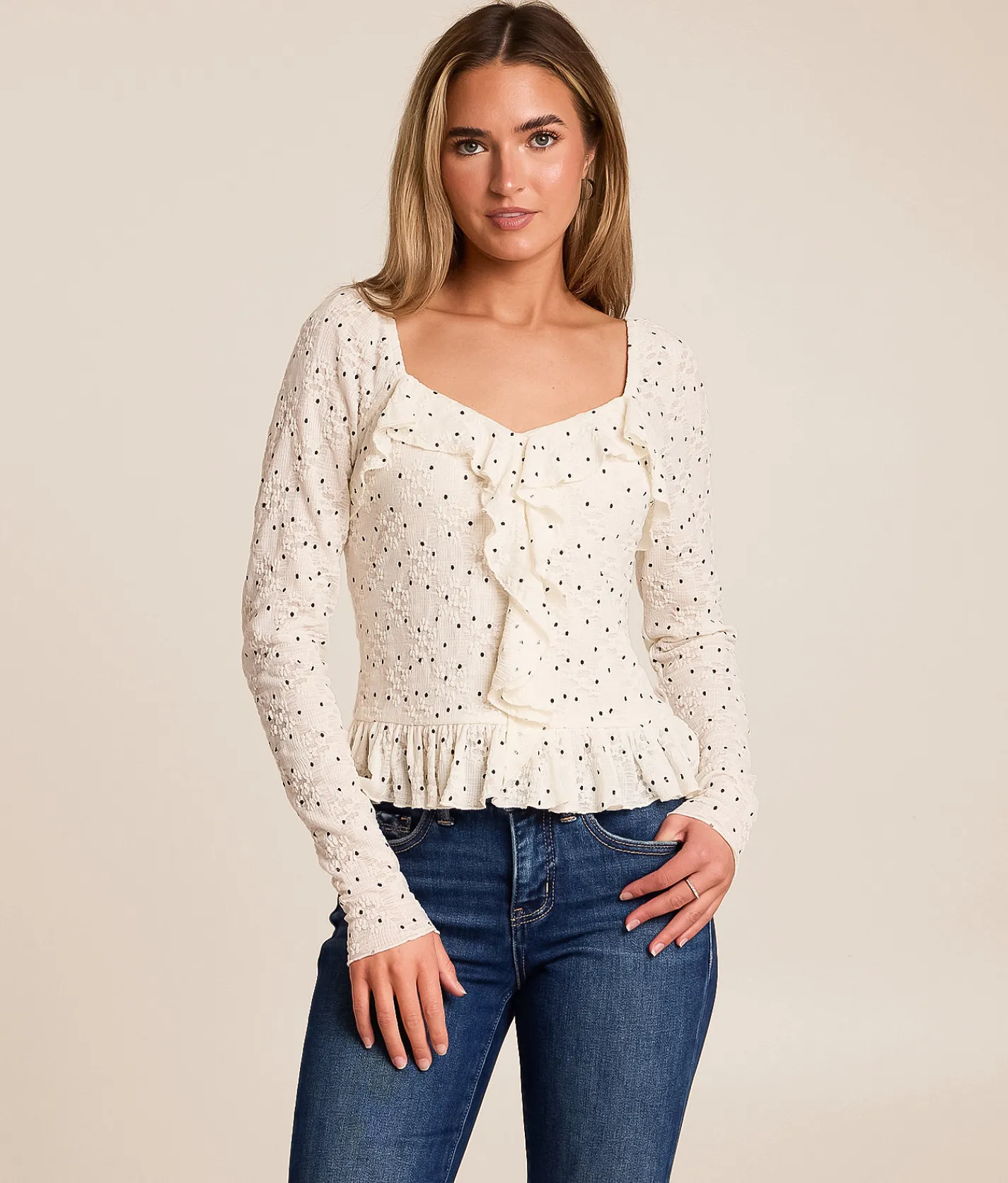 Willow & Root Ruffle Lace Polka Dot Top White Outlet