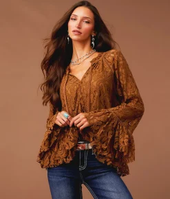 Tops | Sterling & Stitch Ruffle Lace Top Brown