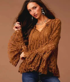 Tops | Sterling & Stitch Ruffle Lace Top Brown