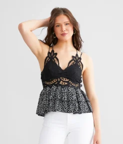 Trixxi Ruffle Peplum Tank Top Black Floral Clearance