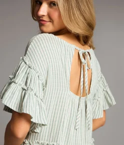 BKE Ruffle Striped Peplum Top Oil Blue Cream Outlet