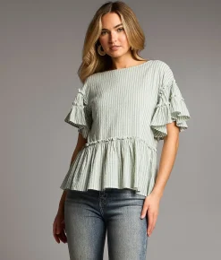 BKE Ruffle Striped Peplum Top Oil Blue Cream Outlet