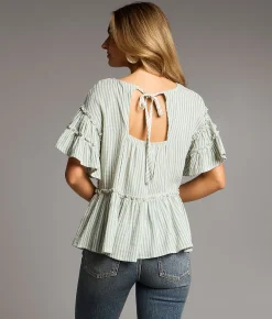 BKE Ruffle Striped Peplum Top Oil Blue Cream Outlet