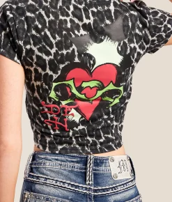 Ed Hardy Sacred Heart Baby Cropped T-Shirt B W Leopard Sale