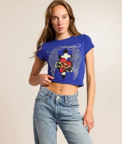 Ed Hardy Sacred Heart Wings Cropped Baby T-Shirt Cobalt New
