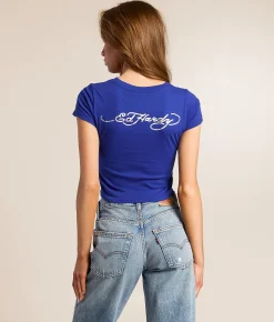 Ed Hardy Sacred Heart Wings Cropped Baby T-Shirt Cobalt New