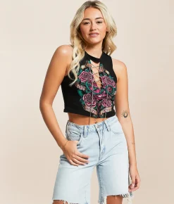 Affliction Sacred Sermon Lace-Up Cropped Tank Top Black Beauty