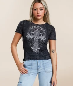 Affliction Saint Germain Baby T-Shirt Black Skull Burnout Clearance
