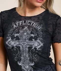 Affliction Saint Germain Baby T-Shirt Black Skull Burnout Clearance
