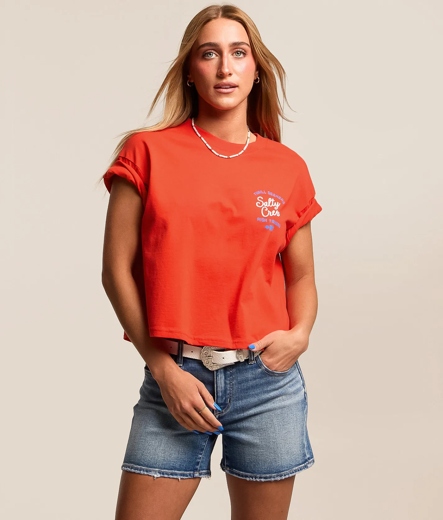 Salty Crew Salty Skimmer Cropped T-Shirt Chili Pepper New