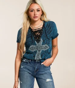 Tops | Affliction Sapphire Lake Lace-Up T-Shirt Ride Free Wash
