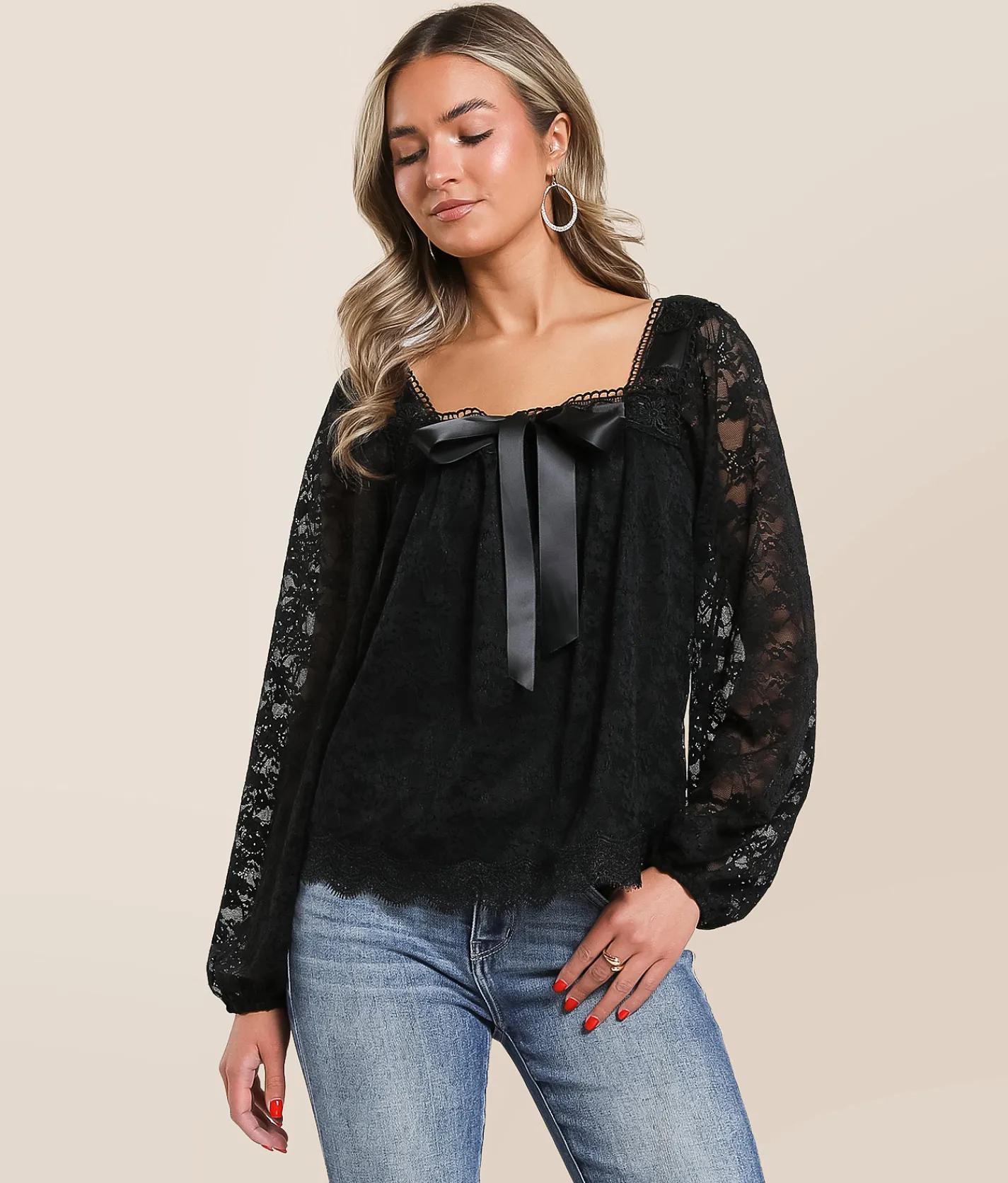 Daytrip Satin Bow Lace Top Black Best