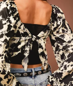 Tops | Sterling & Stitch Satin Cow Print Hanky Top Cream Black