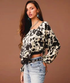 Tops | Sterling & Stitch Satin Cow Print Hanky Top Cream Black