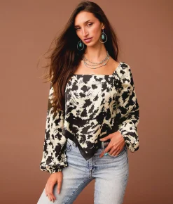 Tops | Sterling & Stitch Satin Cow Print Hanky Top Cream Black