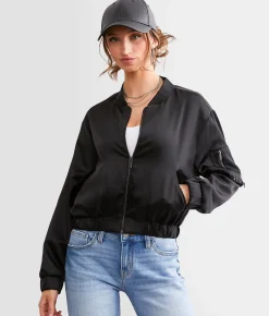 Stoosh Satin Cropped Bomber Jacket Champagne Clearance