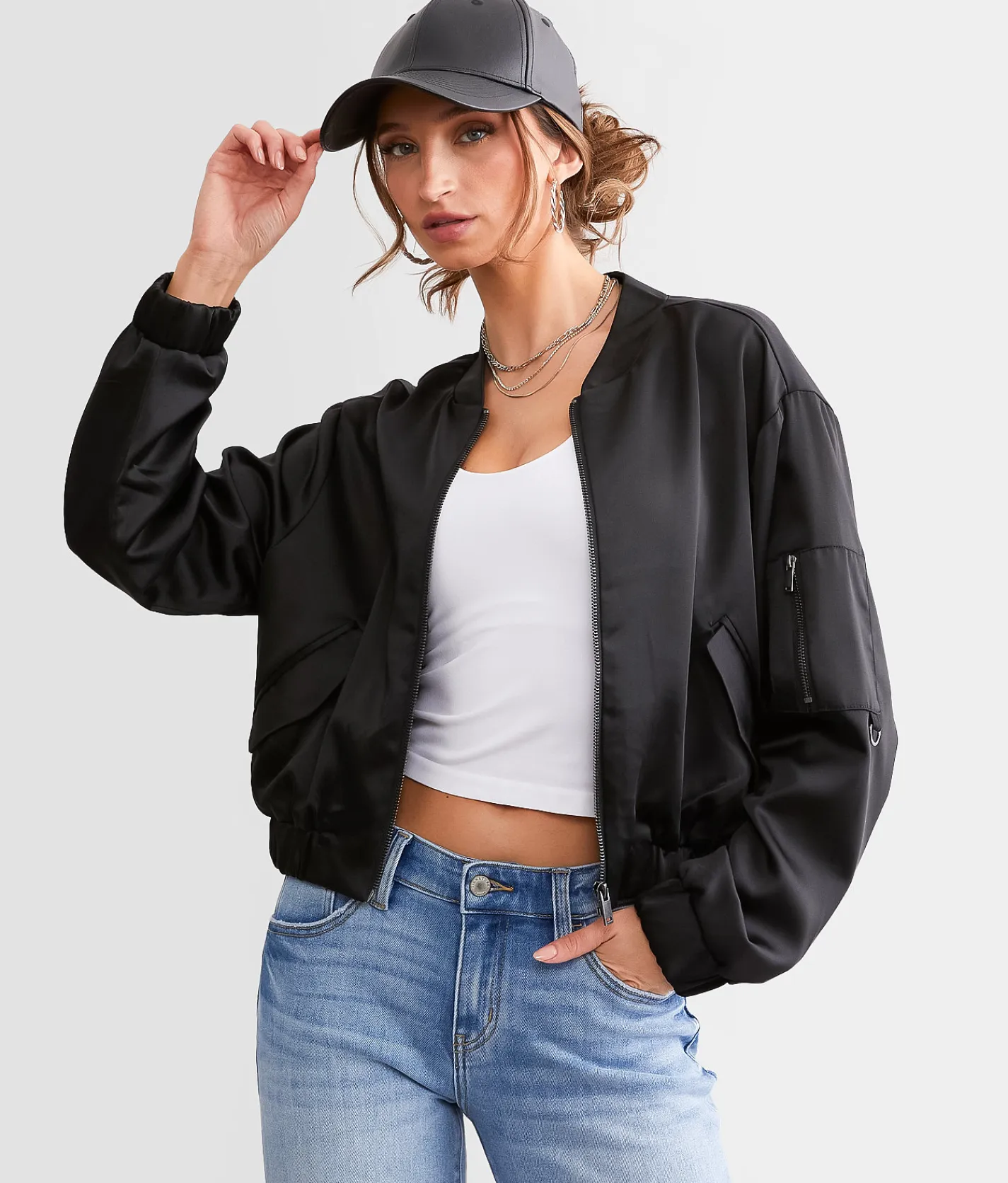 Stoosh Satin Cropped Bomber Jacket Champagne Clearance