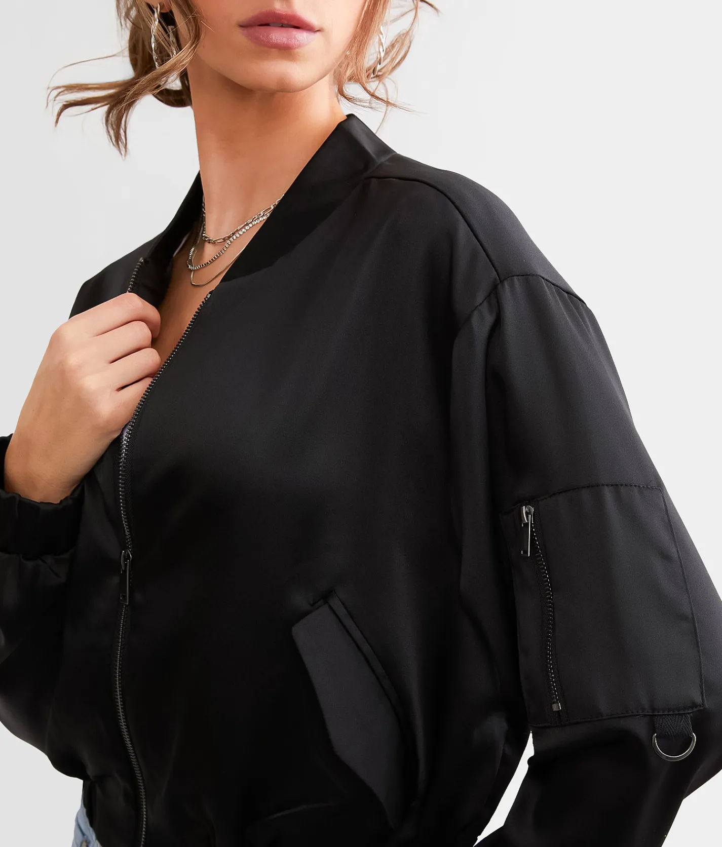 Stoosh Satin Cropped Bomber Jacket Champagne Clearance