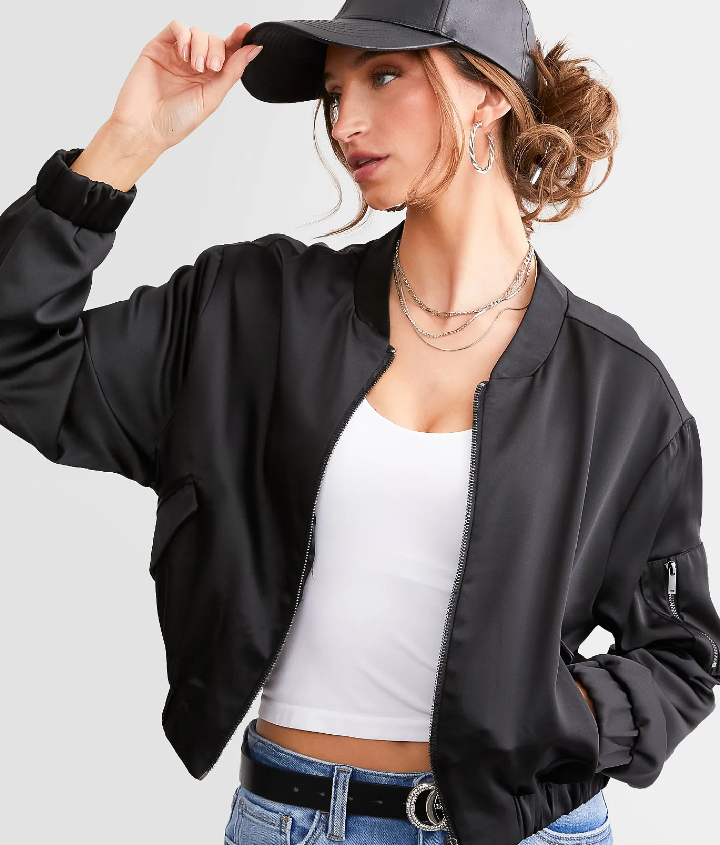 Stoosh Satin Cropped Bomber Jacket Champagne Clearance