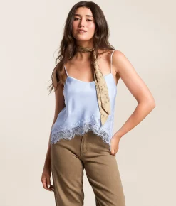 Tops | Lush Satin Eyelash Lace Tank Top Lt Blue