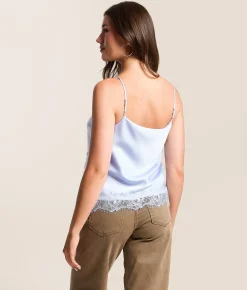 Tops | Lush Satin Eyelash Lace Tank Top Lt Blue