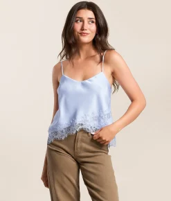 Tops | Lush Satin Eyelash Lace Tank Top Lt Blue
