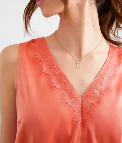 Hyfve Satin Eyelash Lace Tank Top Dark Coral Best