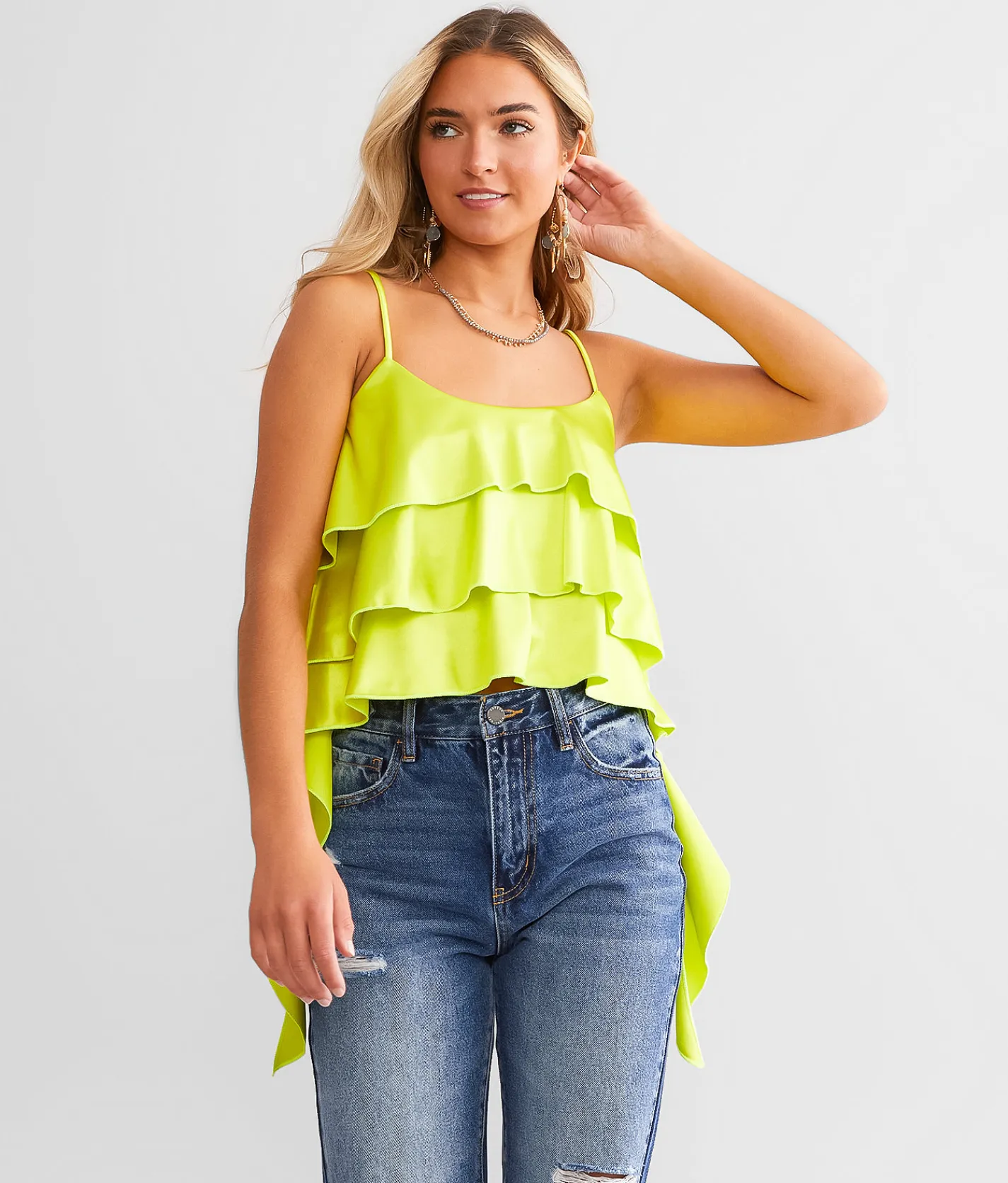 GeeGee Clothing Satin Ruffle Tank Top Lime Outlet