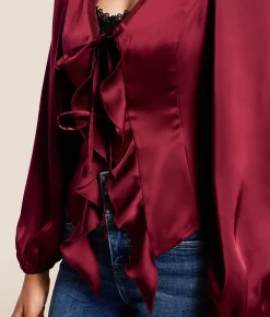 Willow & Root Satin Ruffle Top Burgundy New