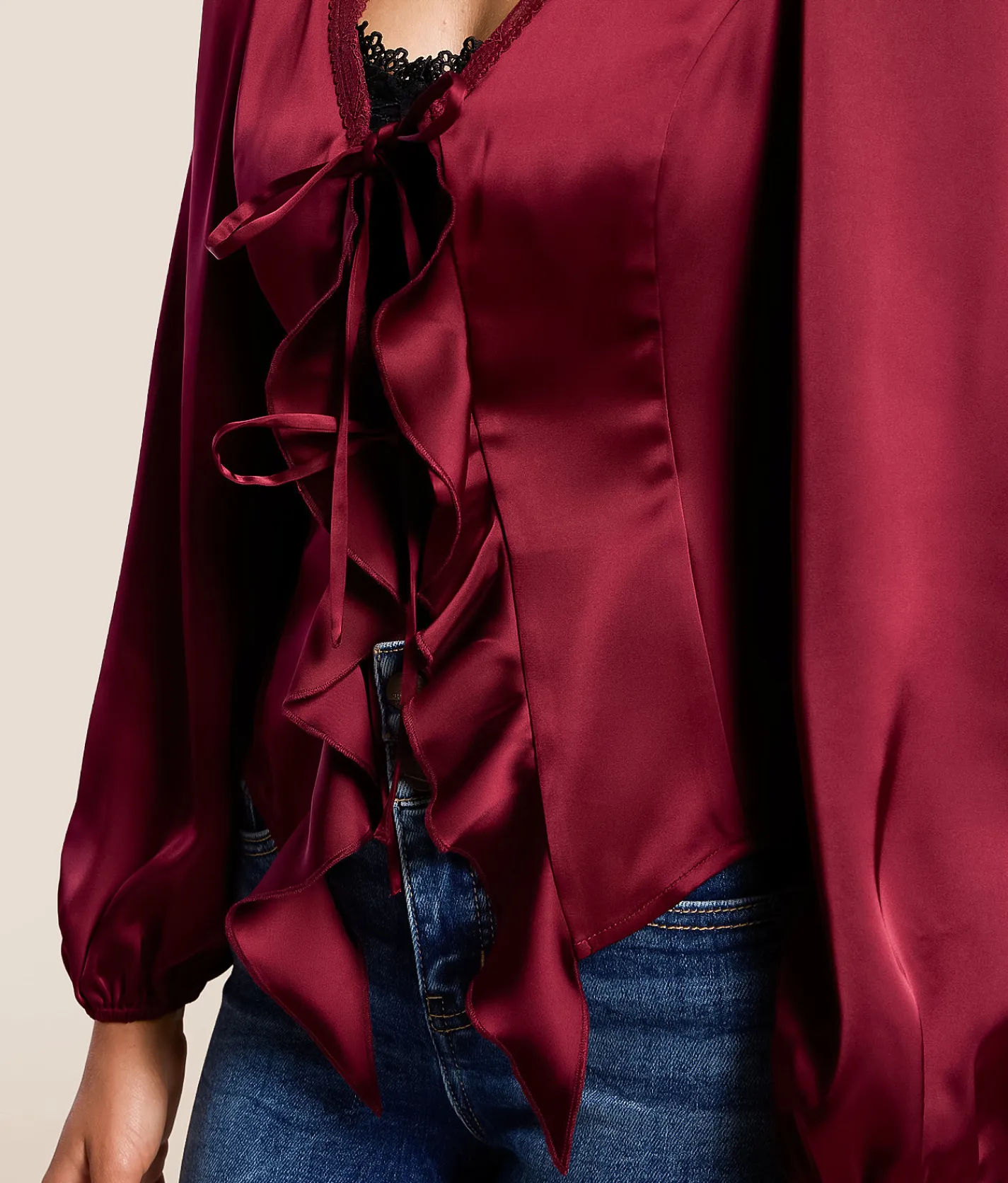 Willow & Root Satin Ruffle Top Burgundy New