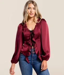 Willow & Root Satin Ruffle Top Burgundy New