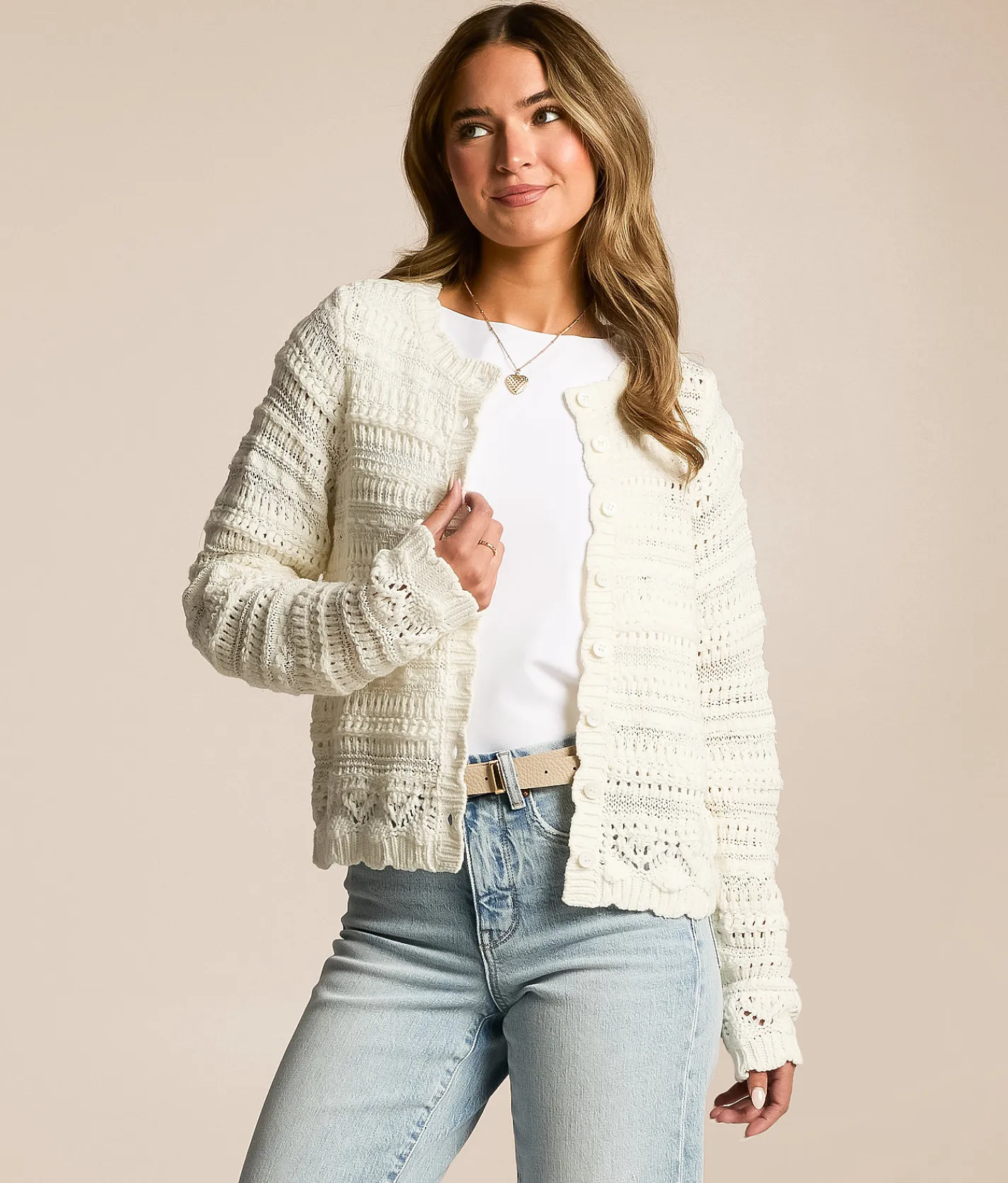 Tops | Willow & Root Scalloped Pointelle Cardigan Sweater White