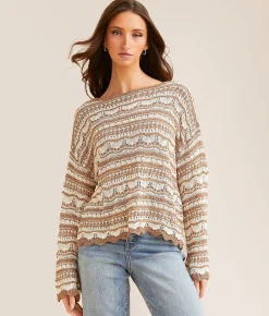 Daytrip Scallop Striped Sweater Cream Brown Hot