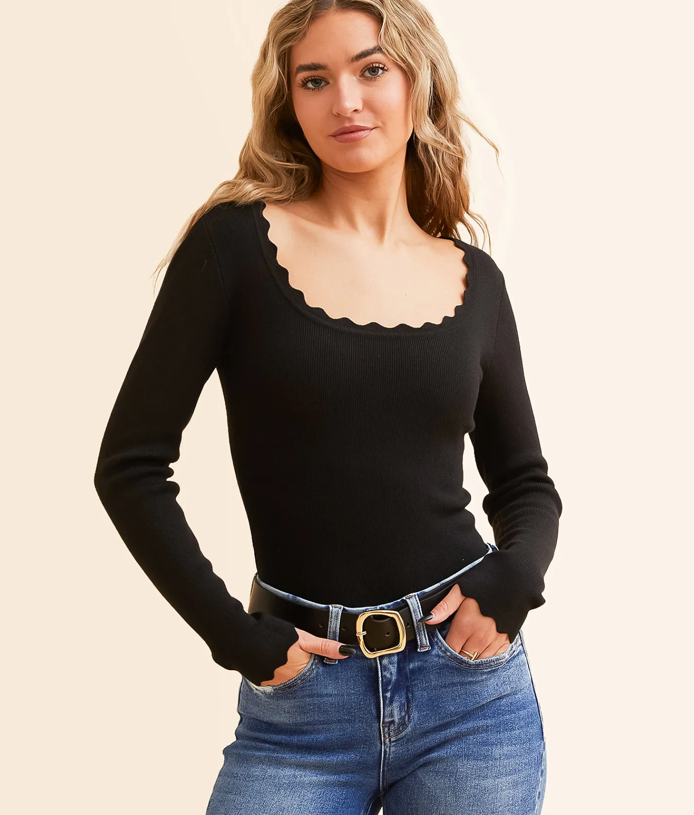 Tops | The Workshop Scallop Trim Top Oatmeal