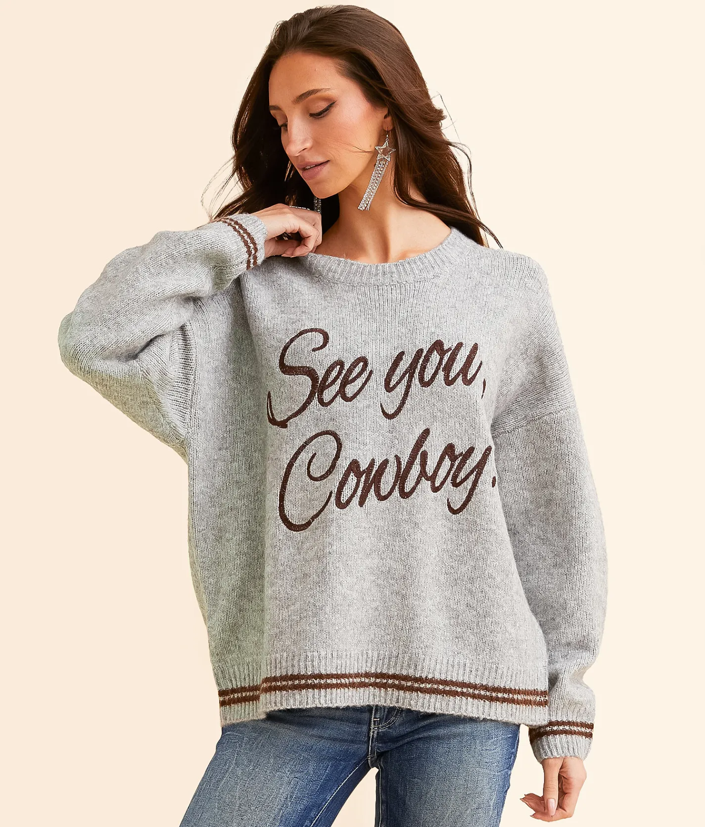 Bailey Rose See You Cowboy Sweater Heather Grey
