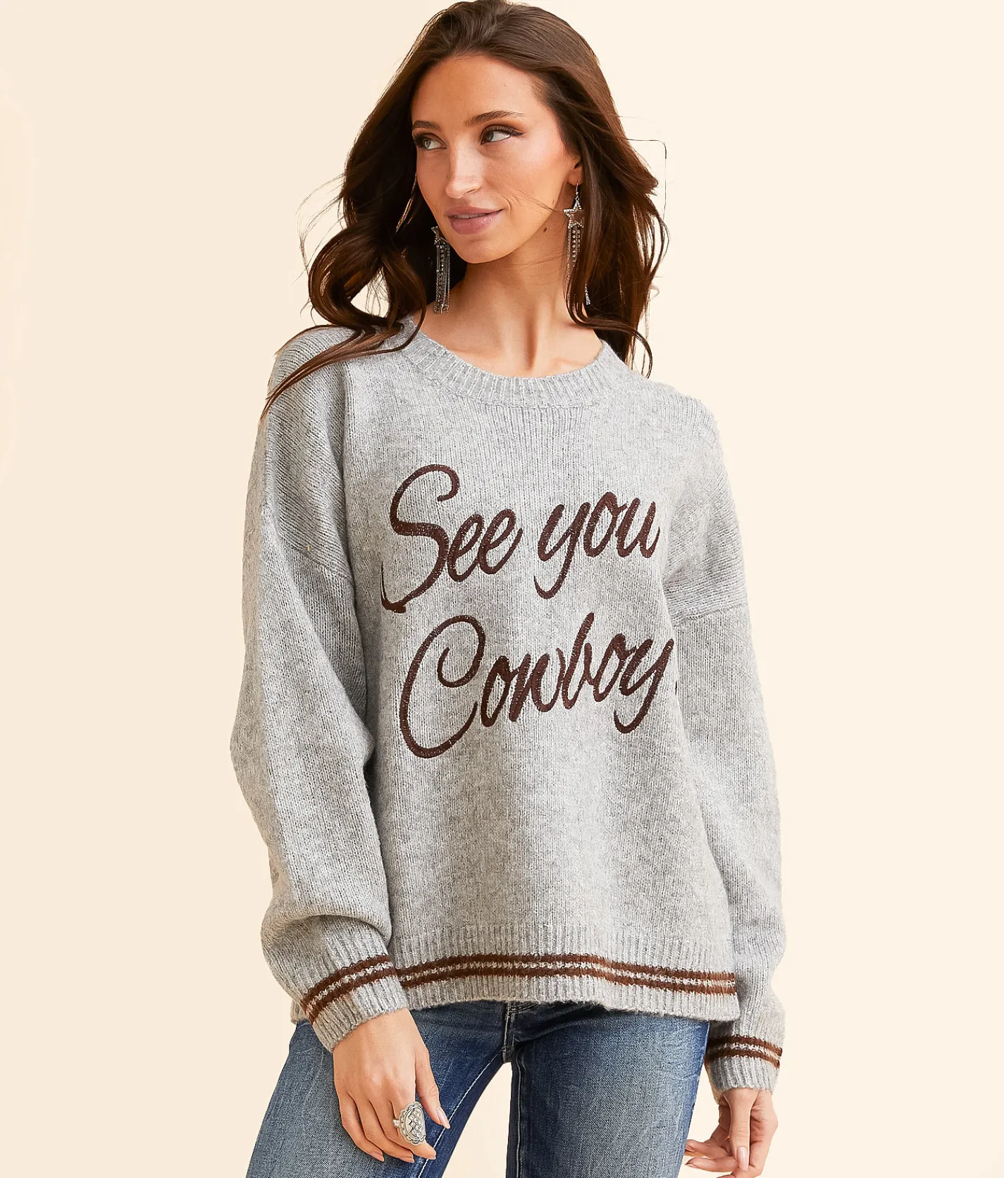 Bailey Rose See You Cowboy Sweater Heather Grey