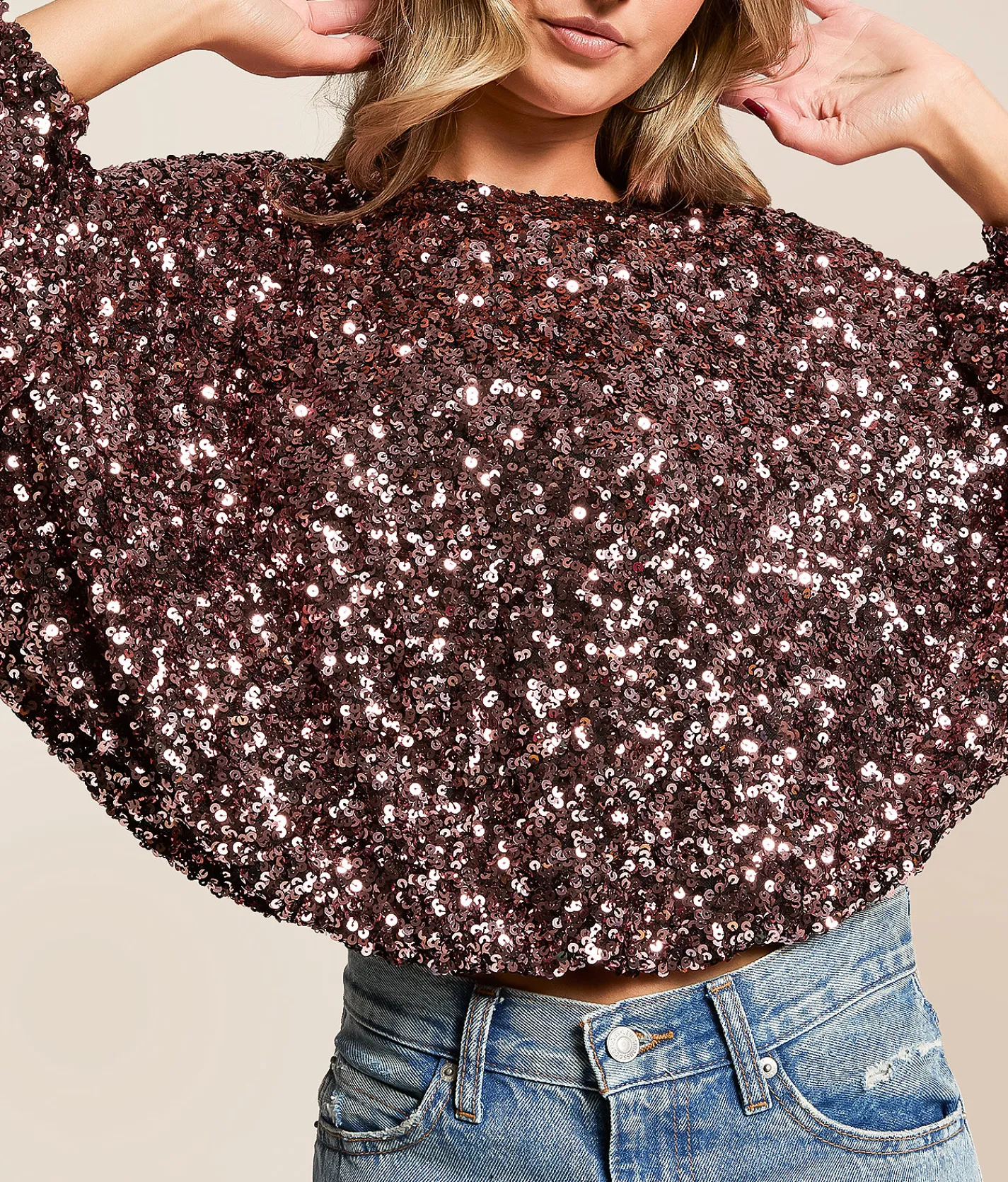 Tops | En Creme Sequin Dolman Cropped Top Black Silver