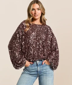 Tops | En Creme Sequin Dolman Cropped Top Black Silver