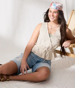 33 Coastal Sequin Embroidered Peplum Tank Top Cream