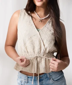 33 Coastal Sequin Embroidered Peplum Tank Top Cream