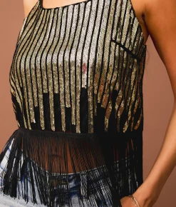 Sterling & Stitch Sequin Fringe Cropped Tank Top Black Champagne New