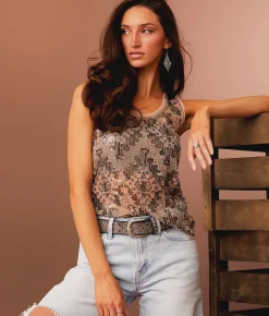 Tops | Sterling & Stitch Sequin Mesh Tank Top Brown Silver