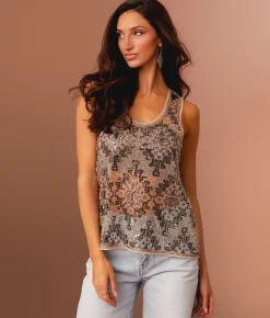 Tops | Sterling & Stitch Sequin Mesh Tank Top Brown Silver